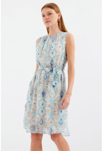 2501 Desenli Sıfır Kol Şifon Elbise