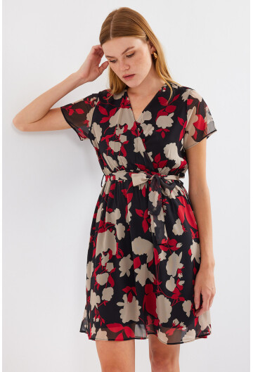 2502 Kısa Kol Desenli Şifon Elbise