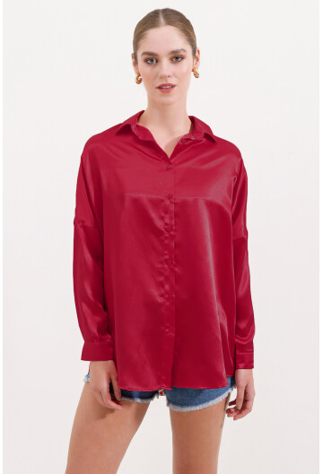 3985 Oversize Saten Gömlek - Bordo