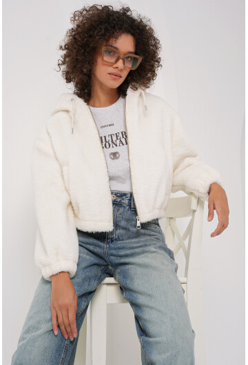 5193 Kapüşonlu Peluş Crop Ceket