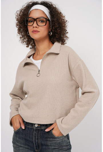 55449 Fermuarlı Yaka Örme Sweatshirt
