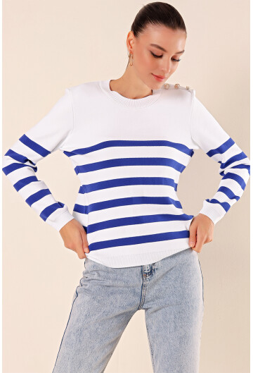 15820 Düğme Detay Çizgili Kazak