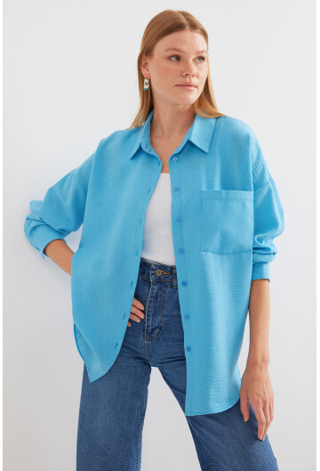 20153 Tek Cepli Oversize Keten Gömlek