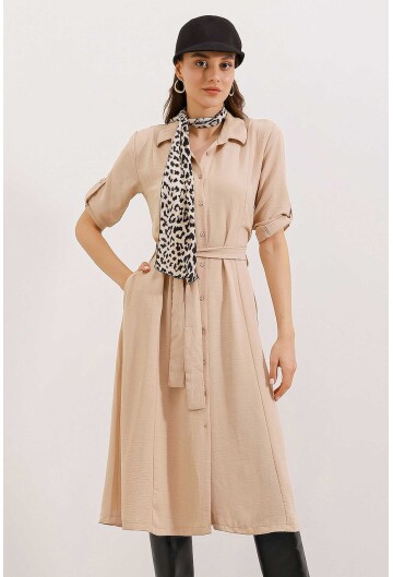 2442 Kuşaklı Gömlek Elbise