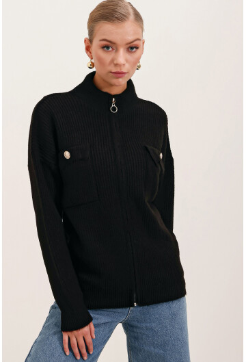 15862 Cep Detaylı Fermuarlı Triko Hırka