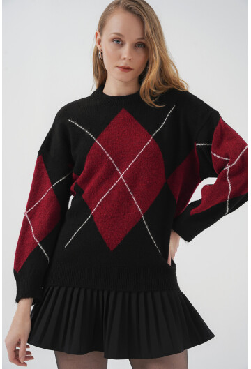 15895 Baklava Desenli Oversize Triko Kazak