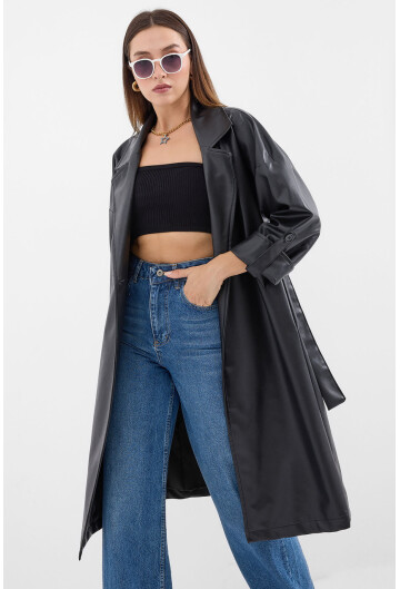 1034 Faux Leather Trench Coat With Belt