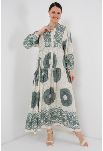 2423 Otantik Desenli Tesettür Elbise