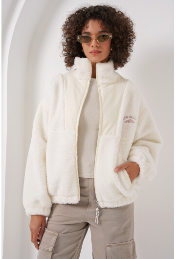 5194 Fermuarlı Ekru Peluş Ceket
