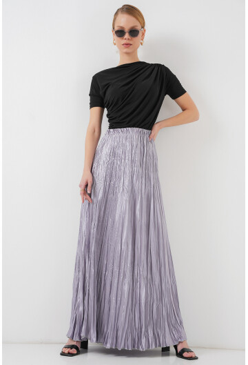 Kadın Uzun Kırışık Parlak Etek 8034
